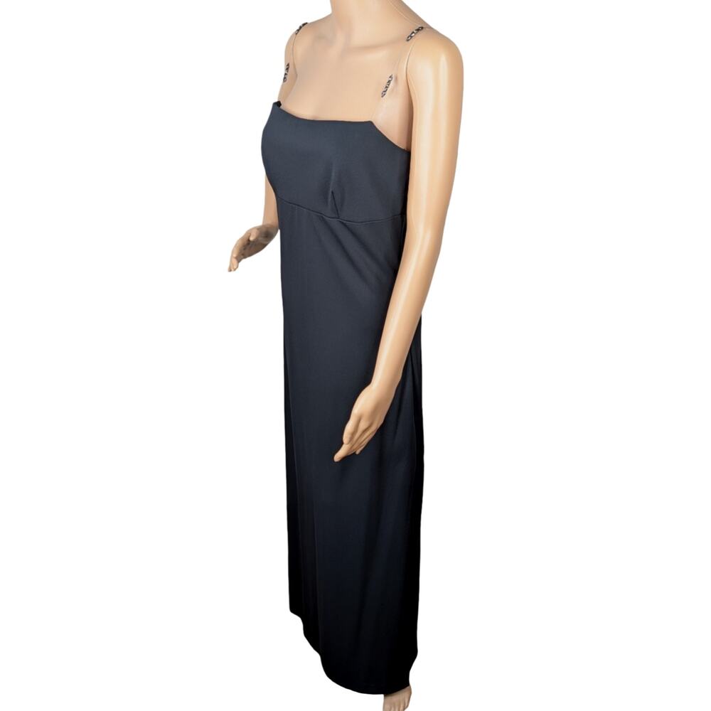 Vintage 90s Allen B Black Beaded Wire Strap Maxi Dress 8 Empire Slit Whimsigoth - Picture 5 of 12